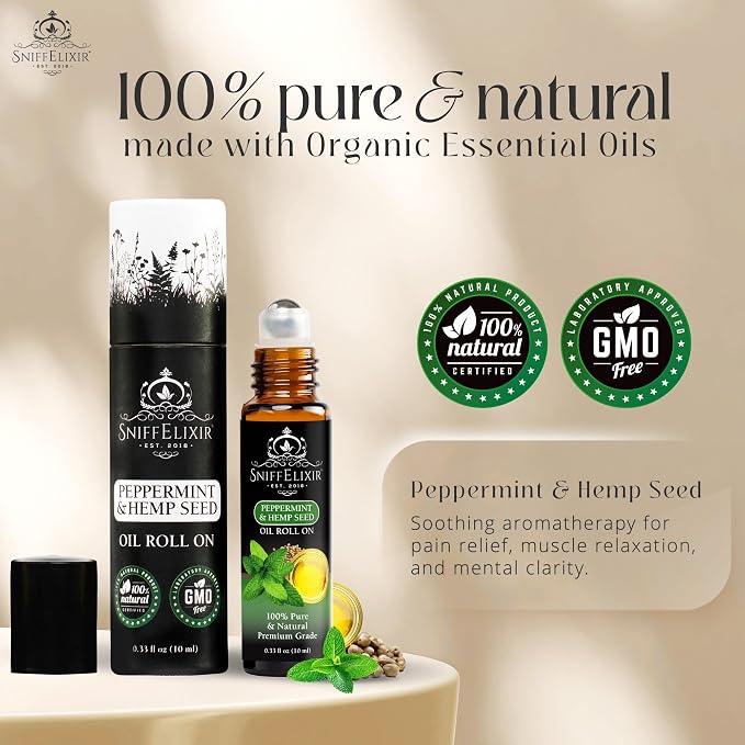Peppermint Essential Oil Roll-On (10ml) – USDA Organic Topical Aromatherapy with Hemp Seed Oil for Headache Relief & Cooling Comfort – SniffElixir