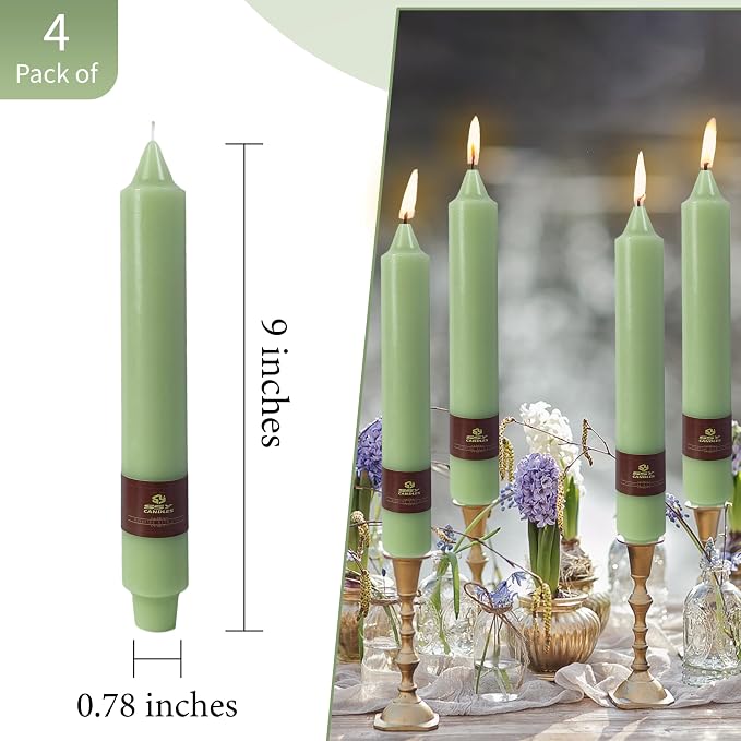 Green Taper Candles 9 inch - 4 Pack Fat Candle Taper Candles Dripless, Smokeless, Unscented Tall Candlesticks - Perfect for Home Decor, Weddings, and Special Occasions