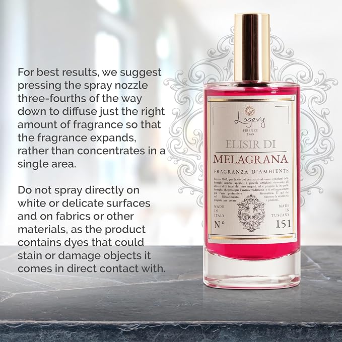 Logevy Firenze 1965 Elisir Di Melagrana – The Pomegranate Elixir Home Fragrance Spray from Master Perfumer in Italy with Spicy & Woody Notes to Captivate the Senses & Enliven Any Room – 100ml