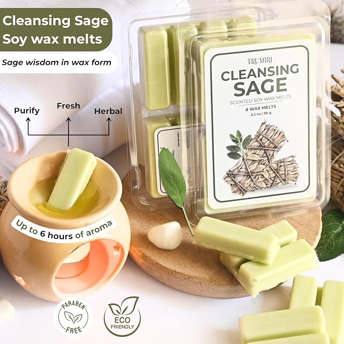 Cleansing Sage Scented Wax Melts - Made With Non Toxic Soy Wax And Essential Oils - Long Lasting Strong Scent Pet Safe Candle Wax Cubes Tarts For Warmers Pack Of 4 - For Cleansing Negative Energy