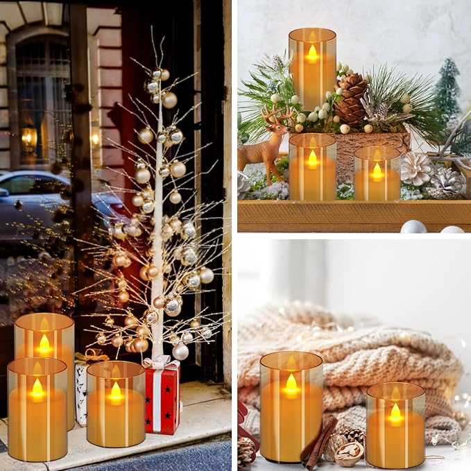 wemarry Flameless Candles 4" 5" 6" Acrylic Glass Pillars 3" Diameter Battery Operated Flickering Candles Include 8-Key Remote with Timer Function 400+ Hours (Gray, Warm Light 9 Pack)