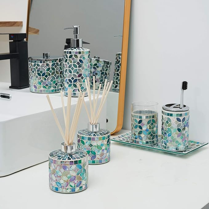 7.3oz Decorative Vertical Mosaic Glass Reed Diffuser Bottle Set with Silver Caps & 16pcs Natural Feed Sticks-Set of 2 - Ideal for Home Fragrance, Bathroom Decoration, Accent (Blue)