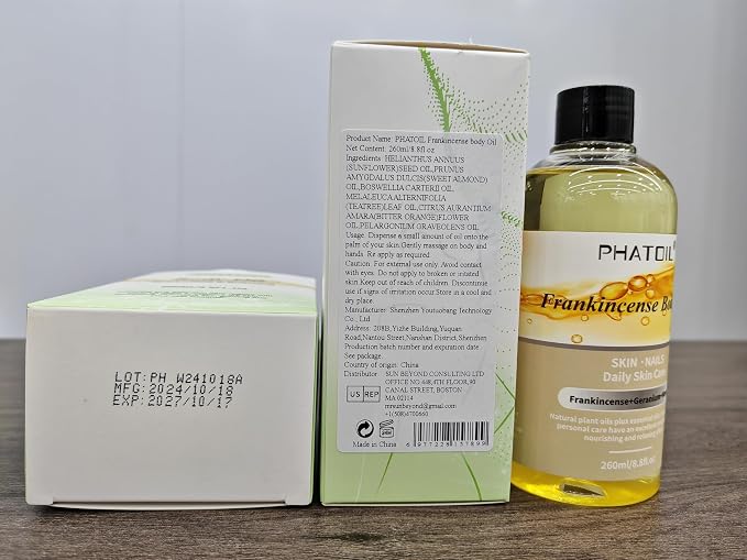 PHATOIL Frankincense Body Oil 8.8 FL.OZ, 260 ml Moisturizing Massage Oil Skin Oil with Pump, Body Oils for Men and Women Skincare, Blends of Natural Plant Oils and Essential Oils, Frankincense Oil