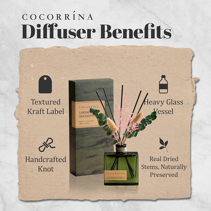 COCORRÍNA Reed Diffuser, 6.76 oz Lavender Eucalyptus Scent Reed Diffuser with 6 Sticks & Dried Flowers, Long Lasting Elegant Fragrance Home Décor for Bathroom Bedroom Office