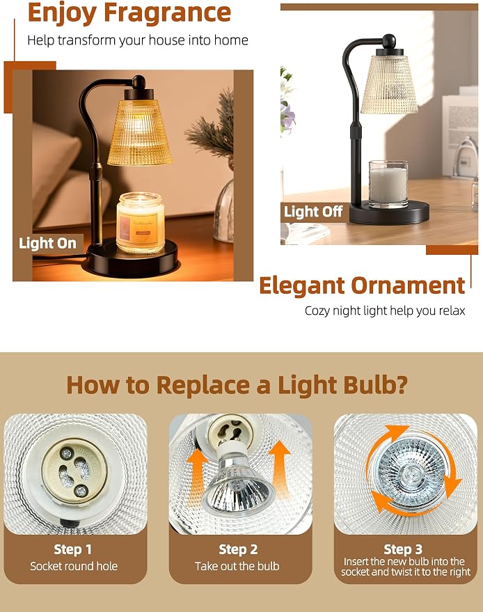 Candle Warmer Lamp for Jar Candles, Height Adjustable & Dimmable with 2/4/8H Timer, 2*50W Halogen Wax Melter Warmer for Home Office Décor, Flameless & Smokeless, Gift for Women Mom, Black-Amber/1 Pack
