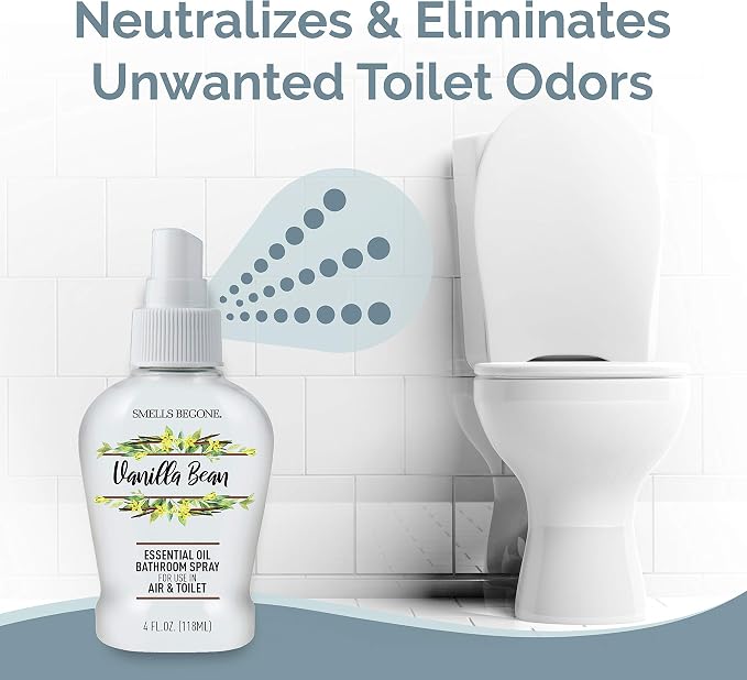 SMELLS BEGONE 4 oz Essential Oil Bathroom Spray - Instantly Eliminate Toilet & Bathroom Odors - Air Freshener Made with Essential Oils (Vanilla Bean)