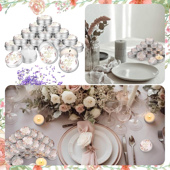 MTLEE 50 Pcs Boho Beige Floral Wedding Candles Gift Favors for Guests 1 Oz Lavender Scented Soy Wax Aromatherapy Candle Favors for Bridal Shower Rustic Wedding Party Guests(Vivid Flower)