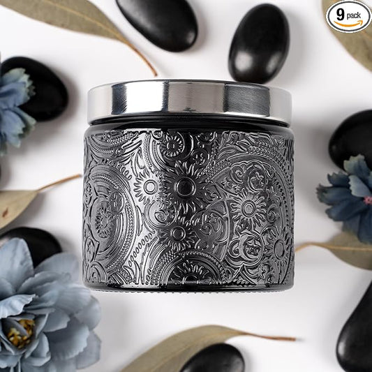 10 oz Gray Sun Moon Stars Candle Jars with Metal Lids, 9 Pack | Patented Embossed Design, Includes Wick Centering Devices & Warning Labels, Multiple Color Options