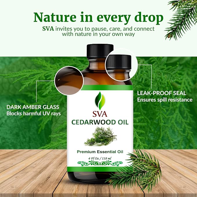 SVA Cedarwood Essential Oil – 4 Fl Oz – 100% Natural Cedar Juniperus Mexicana Oil - for Diffuser, Hair Care, Face, Skin Care, Aromatherapy, Scalp and Body Massage, Soap and Candles – with Dropper