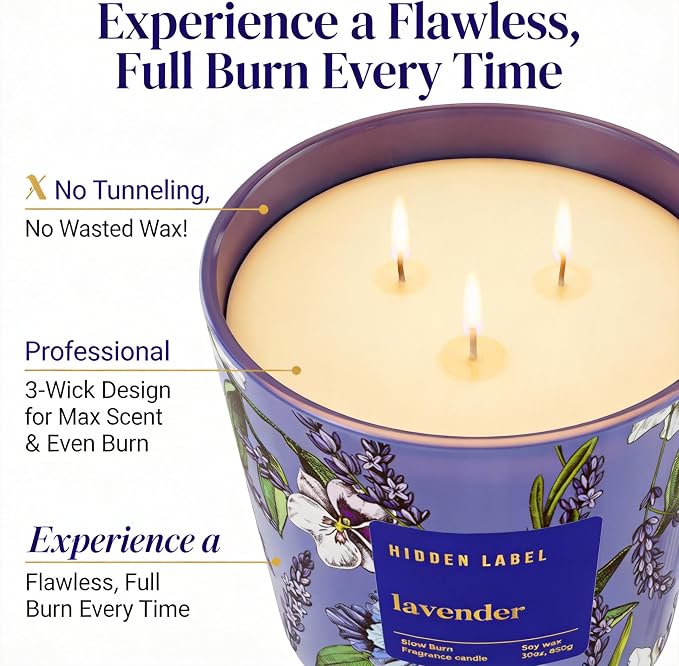 Hidden Label Extra Large Lavender Candle, 30oz 3-Wick Soy Wax, 100H Burn | Even Burn | 100H Long Lasting | Premium Lavender Aromatherapy | Stress Relief & Sleep | Non-Toxic Soy Wax