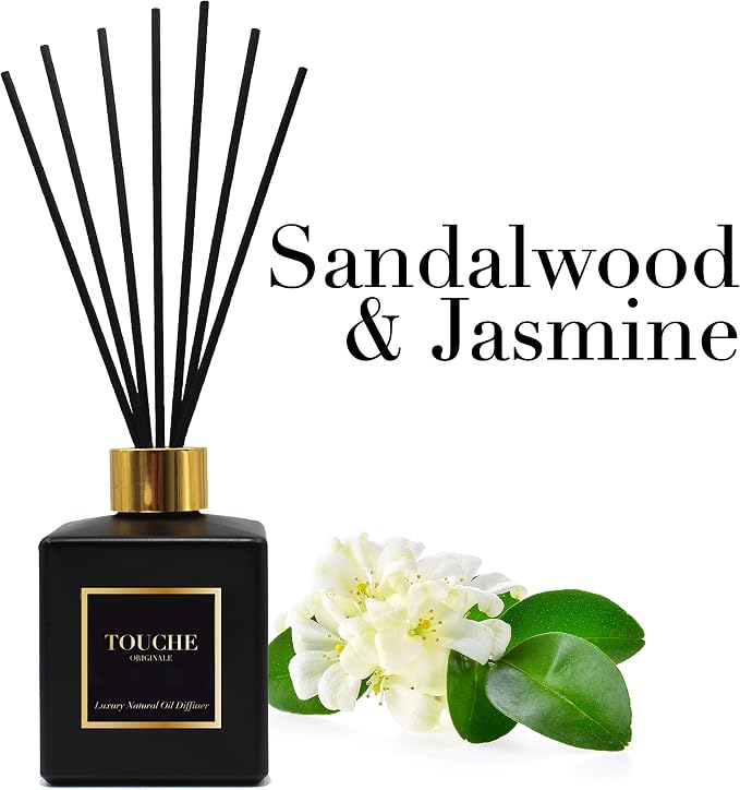 Touche Luxury Natural Reed Diffuser. Long Lasting Scented Home Fragrance. Natural Essential Oil Alcohol-Free. 4.75 OZ. Glass Bottle (Sandalwood & Jasmine - Black Bottle)