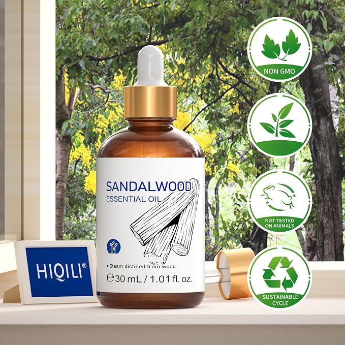 HIQILI Sandalwood Essential Oils 1 Fl Oz, for Skin, Diffuser, Perfume, Candle Soap Making, Includes Premium Quality Glass Dropper