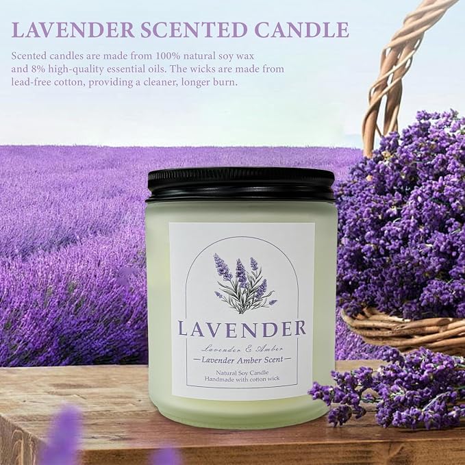 Lavender Amber Scented Candles with Crystals Inside, 9oz Soy Candles for Home Decor, Birthday Spiritual Gift Mothers Day Candle for Women Mom