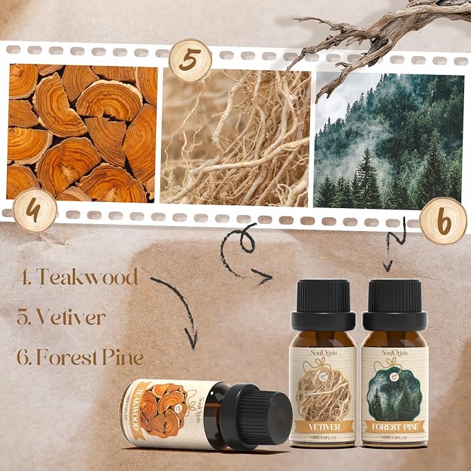Soulorigin Woody Essential Oils Set, Fragrance Oil Set for Diffuser, Scent Diffuser Oil for Candle Making- Sandalwood, Cedar, Bamboo, Teak, Vetiver, Forest Pine