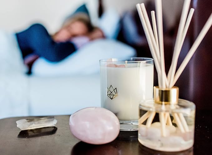 Luxury Glass Jar Candle, 14.5 OZ, Sleep - Rose Quartz Crystal Infused - Scents of Rose, Lavender, and Vanilla - Tranquility, Love, & Comfort - Coconut Wax, Valentine's Day Gift