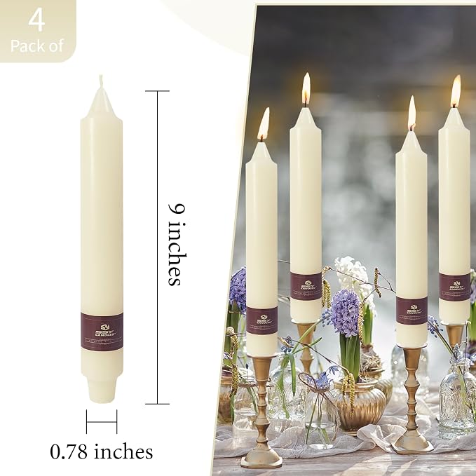 Ivory Taper Candles 9 inch - 4 Pack Fat Candle Taper Candles Dripless, Smokeless, Unscented Tall Candlesticks - Perfect for Home Decor, Weddings, and Special Occasions