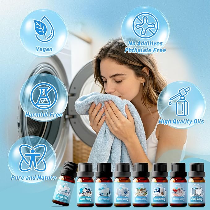 Diffuser Fragrance Oils, Essential Oils for Diffuser for Home, 8x10ml Clean and Laundry Set, Clean Scents for Candle & Soap Making, Fresh Linen, Clean Cotton, Lavender Field, Lemon Fresh, Blossom Soap