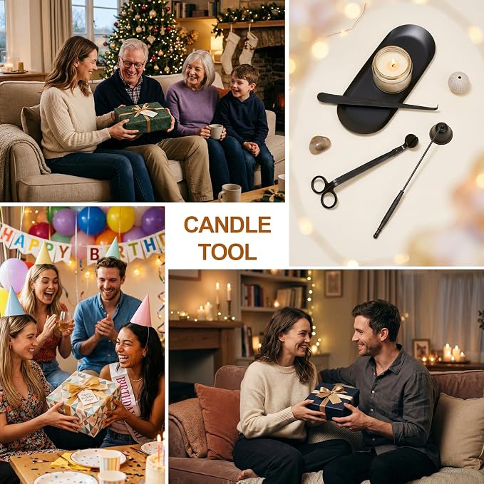 tifanso 4-in-1 Candle Care Kit with Wick Trimmer Cutter, Extinguisher Snuffer, Dipper and Storage Tray Plate, Stainless Steel Wick Scissors Accessories with Gift Package for Candle Lovers (Black)