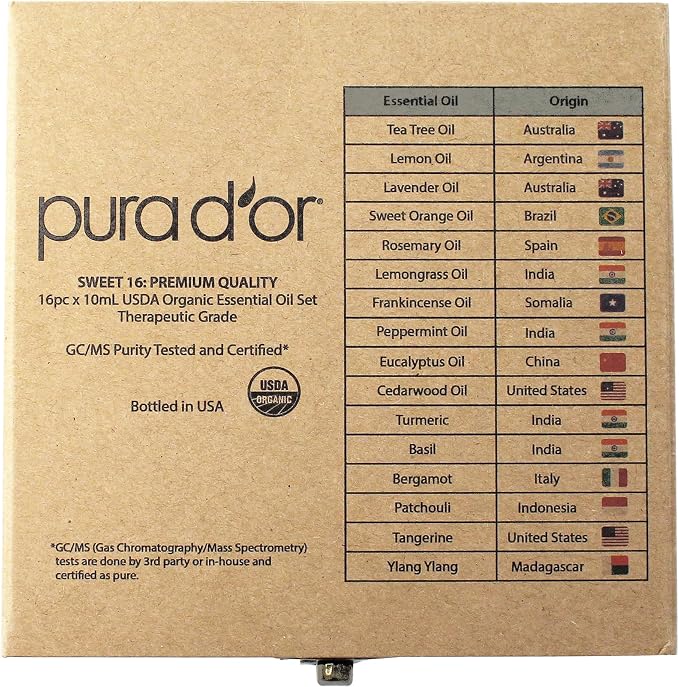 PURA D'OR Organic Sweet16 Essential Oils Set - 16x 10mL Wood Box Aromatherapy Gift Set - 100% Pure Therapeutic Grade for Relaxation and Wellness (Lavender, Rosemary, Turmeric, Ylang Ylang & More)