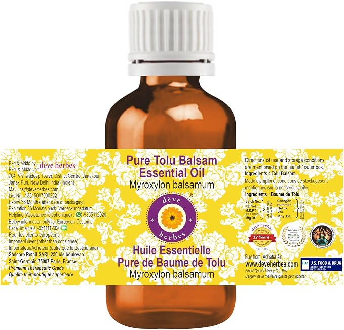 Deve Herbes Pure Tolu Balsam Essential Oil (Myroxylon balsamum) Steam Distilled 50ml (1.69 oz)