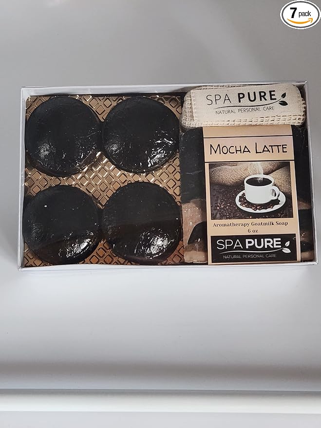 Spa Pure Aromatherapy Gift Set: Mocha Latte Artisan soap, 4 Bath Melts, Made in USA with Plant Based Ingredients, Essential Oils, All Natural, Cotton Soap Bag