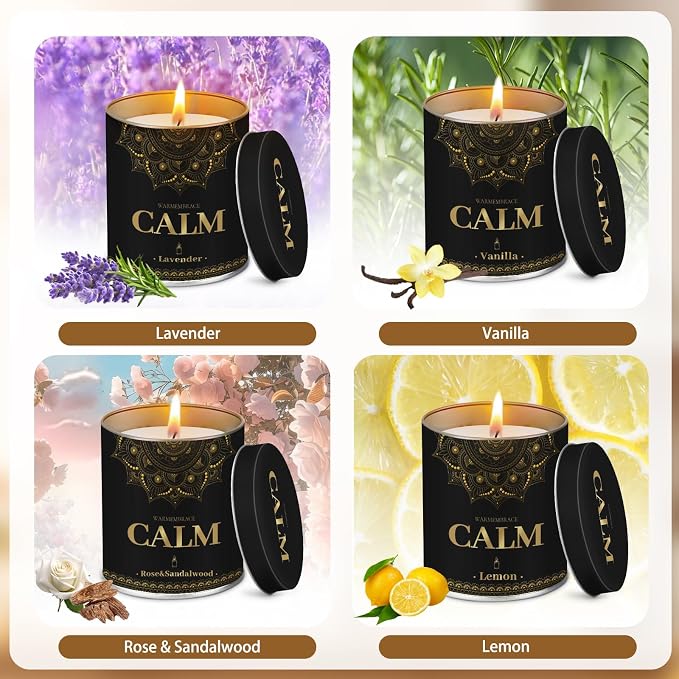 WarmEmbrace Scented Candles, 9 Oz Candle Sets for Home, Office, Meditation, Yoga, Candles for Women & Men, Birthday, Christmas, Father's Day Present, Lavender, Vanilla, Rose & Sandalwood, Lemon