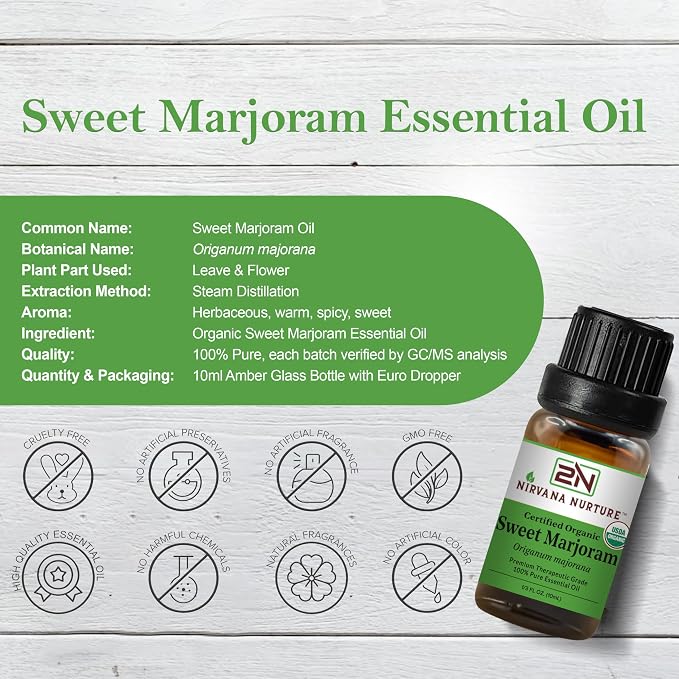 Sweet Marjoram Essential Oil, USDA Certified Organic, 100% Pure Undiluted, Aromatherapy Oil for Diffuser, Hair & Skin Care