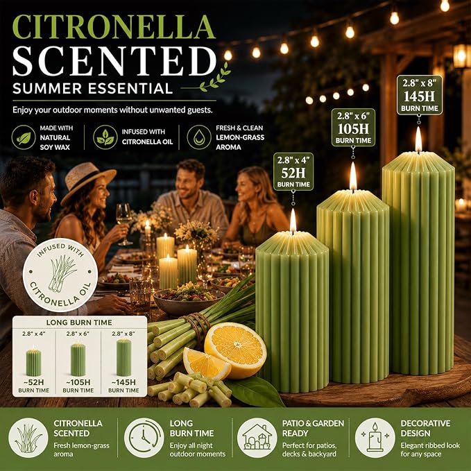 Citronella Candles for Patio, Set of 3 Ribbed Sage Green Pillar Candles for Summer Outdoor,Soy Wax Modern Boho Home Decor Pillars,Aesthetic Candle Gift Set for Garden and Indoor Use