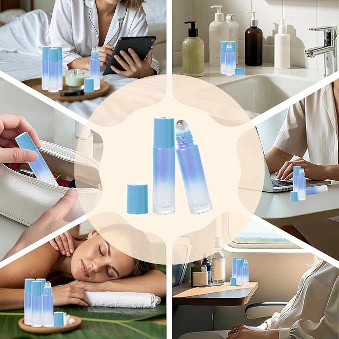 SESENSE Essential Oil Roller Bottles, 10ml Thick Glass Perfume Roller Bottles with Funnel Opener and Dropper Colored Glass Empty Bottles with Stainless Steel Roller Balls (Blue, 12 Pack)