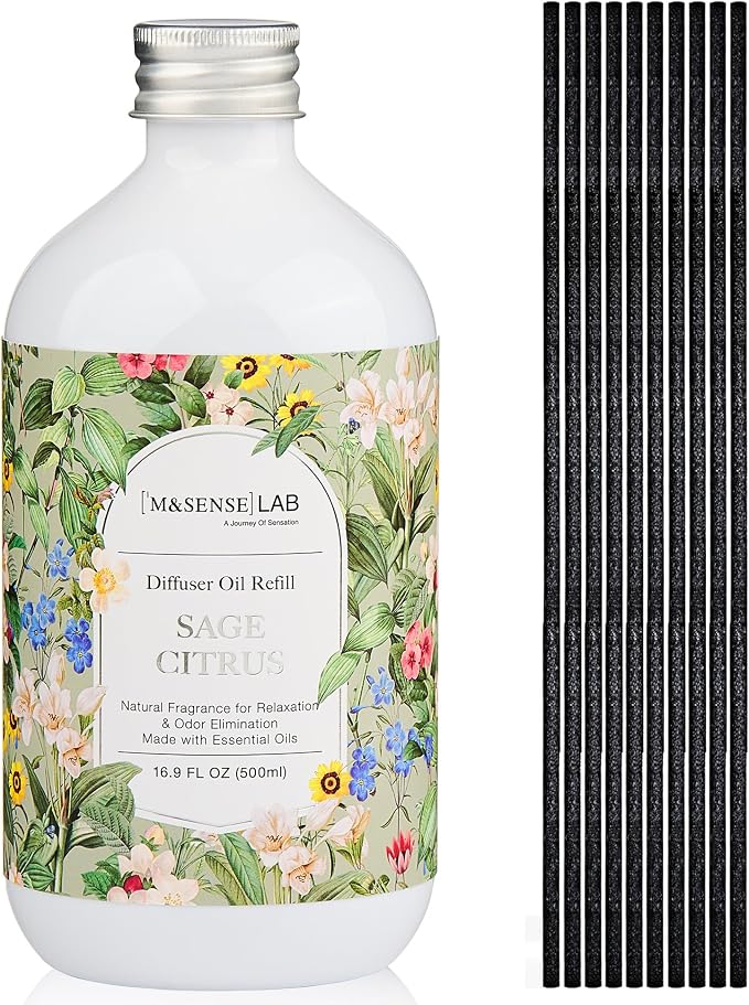 M&SENSE Reed Diffuser Oil Refill, 16.9oz (500ml) with 10 Hollow Reed Sticks, Sage Citrus Scent Home Fragrance, Scented Oil Refills, Natural Essential Oils for Diffusers, Décor for Home Spa & Office