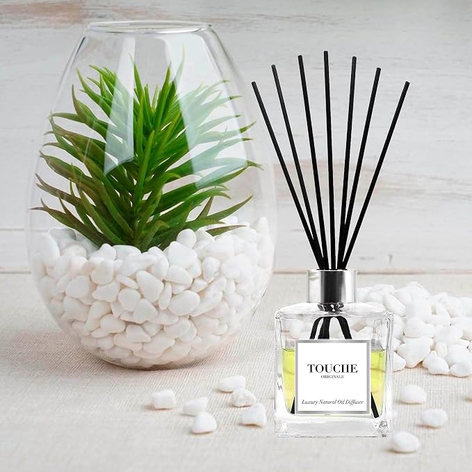 Touche Luxury Natural Reed Diffuser. Long Lasting Scented Home Fragrance. Natural Essential Oil Alcohol-Free. 4.75 OZ. Glass Bottle (Pink Champagne - Clear Bottle)