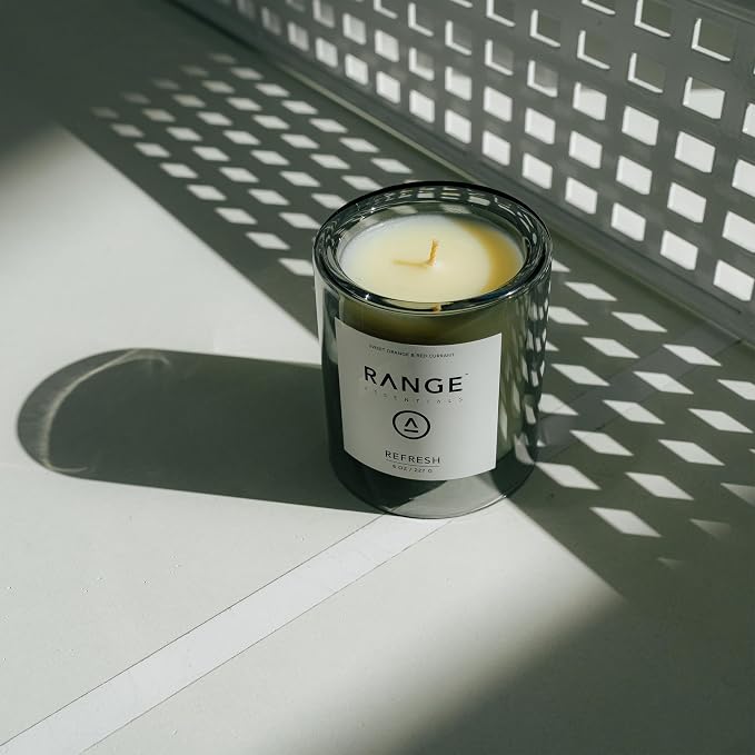Range Essentials Refresh Candle, Fruit Scent, Soy Wax, Aromatherapy, Energizing, Stress Relief, Clean-Burning, Non-Toxic, Lead-Free, Cotton Wick, Long-Lasting, Home Office Fragrance, 8oz (227g)