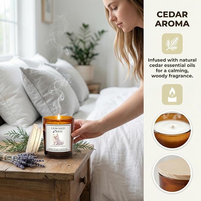 Samoyed Gifts for Women | Birthday Gifts for Mom | Light When Dog Farts Candle | Cedar By Natural Soy Wax | Pet Safe Friendly Memorial Candles for Home Scented Household Essentials