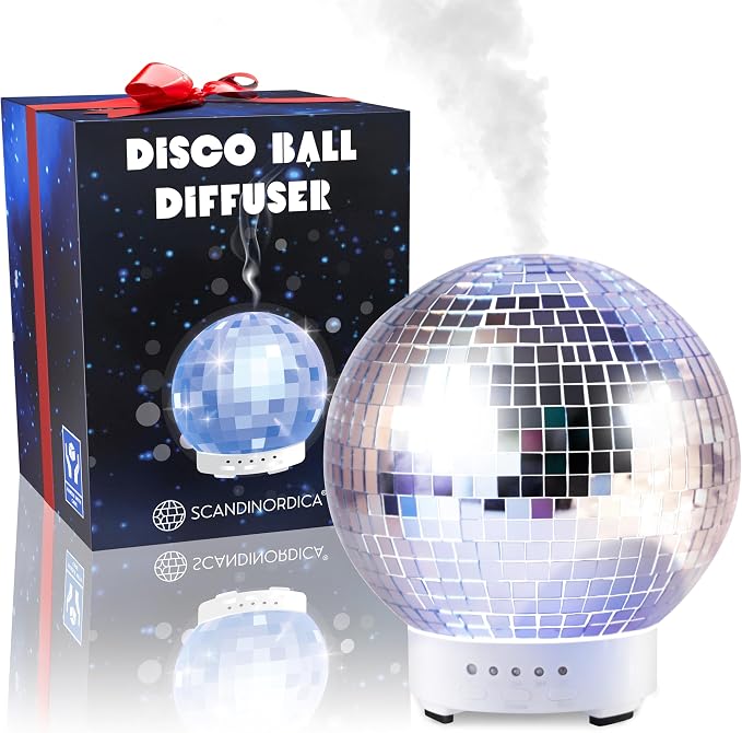 SCANDINORDICA Disco Ball Diffuser - Original Rotating Disco Essential Oil Diffuser with Whisper Quiet Operation, 14 Color Night Light & 4Time Settings | Cute Eclectic Home Decor for Medium Room Silver
