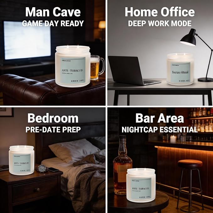 Hidden Label Anti Tobacco Soy Candle, 12oz 2-Wick, 70H Smoke Eliminator | Non-Toxic Natural Wax, Paraben & Phthalate-Free, Clean Burn | Powerful Odor Neutralizer | Masculine Decor & Gift-Ready