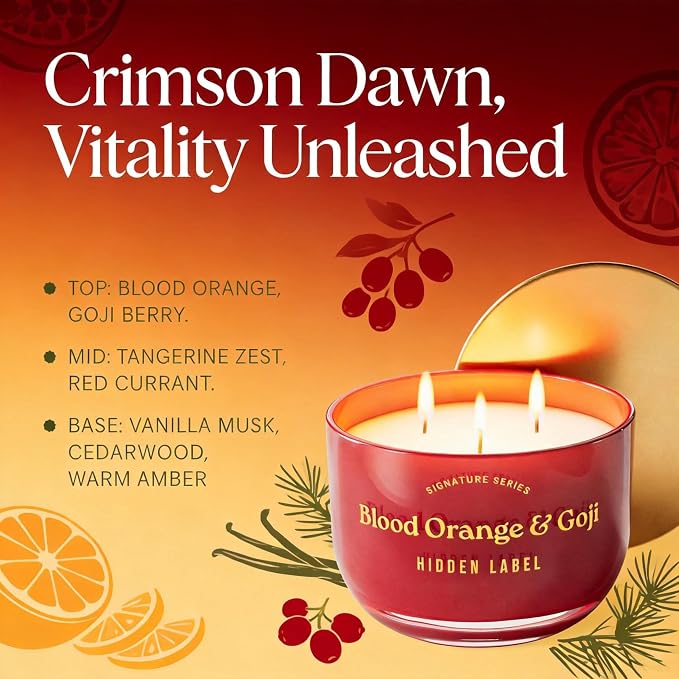 Hidden Label Blood Orange & Goji Scented Candles, 3 Wick Aromatherapy Candle for Home Scented, 18oz/70-Hour Burn Time, 100% Natural Soy Candle Non Toxic, Luxury Home Décor for Women and Men Gifts