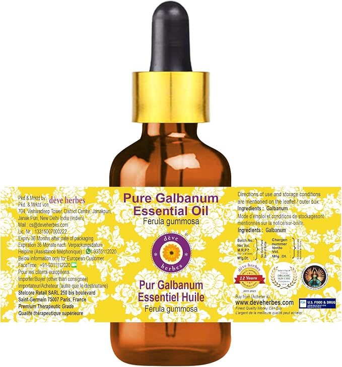 Deve Herbes Pure Galbanum Essential Oil (Ferula gummosa) with Glass Dropper Steam Distilled (Pack of Three) 100ml X 3 (10 oz)