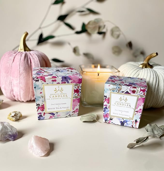 Lotion Candle - White Tea & Violet Scented Massage Candles for Self Care, 10 Oz. Soy Wax Candle with Essential Oil Blends, Coconut Oil, and Vitamin E, 55 Hour Burn Time