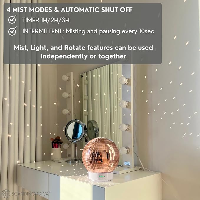 Disco Ball Diffuser Rotating - 300 ML Oil Diffuser Essential Oils, Quiet Oil Diffusers, Night Light and Timer, Disco Ball Table Decor, Plant Room Decor | Aromatherapy Diffuser for Large Room Rose Gold
