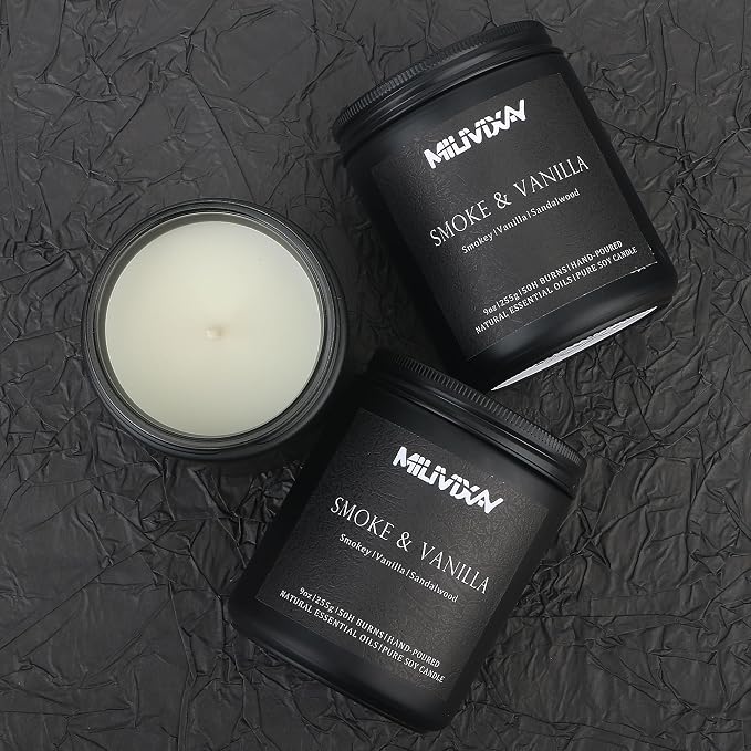MILIVIXAY Candle for Men Smoke & Vanilla Scented Classic 9oz Jar Single Wick Candle, Soy Wax Candles for Consistent Burn, Over 50 Hours of Burn Time, Ideal for Creating Relaxing & Holiday Gifting.