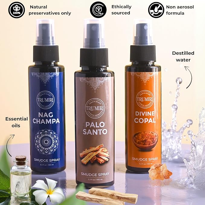Set of 3 Smudge Sprays Palo Santo|Nag Champa|Copal for Cleansing Negative Energy and Protection - Natural Room Sprays and Body Mists Made with Non Toxic Essential Oils