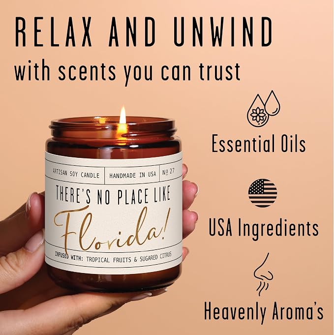 Florida Gifts, Florida Decor for Home - 'There's No Place Like Florida Candle, w/Tropical Fruits & Sugared Citrus I Florida Souvenirs I Florida State Gifts I 9oz Jar, 50Hr Burn, USA Made