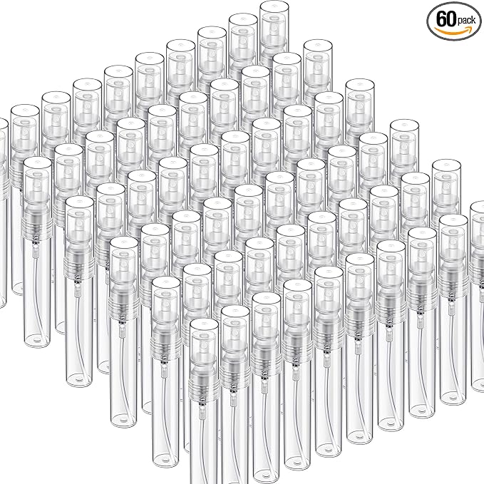 Fandamei 60PCS 5ml Mini Spray Bottle, Mini Clear Plastic Spray Bottle Empty, Fine Mist Refillable Mini Perfume Bottle, Perfume Atomizer, Small Empty Sample Containers, Plastic Portable Travel Bottle
