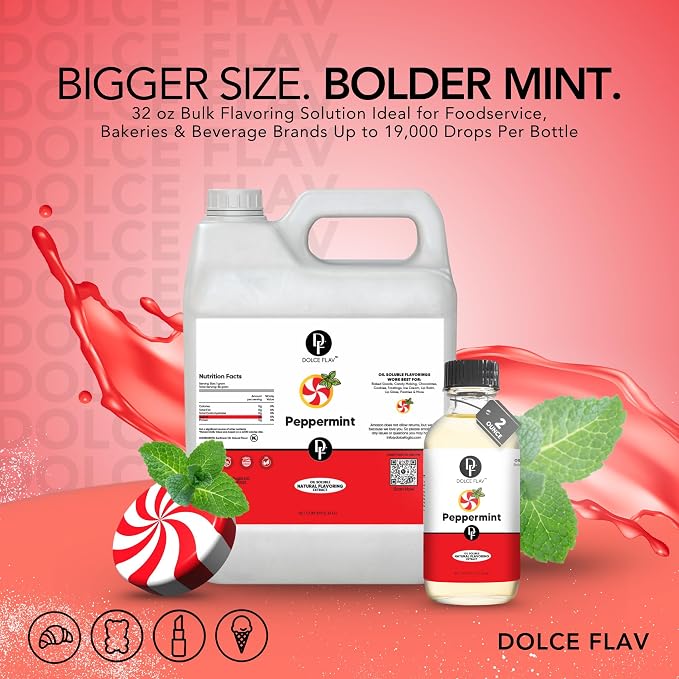 Dolce Flav Peppermint Flavoring – 32 oz. – Premium Oil-Based Extract for Chocolates, Frostings, Baked Goods & Confections | Ideal for Commercial Kitchens & Bakeries