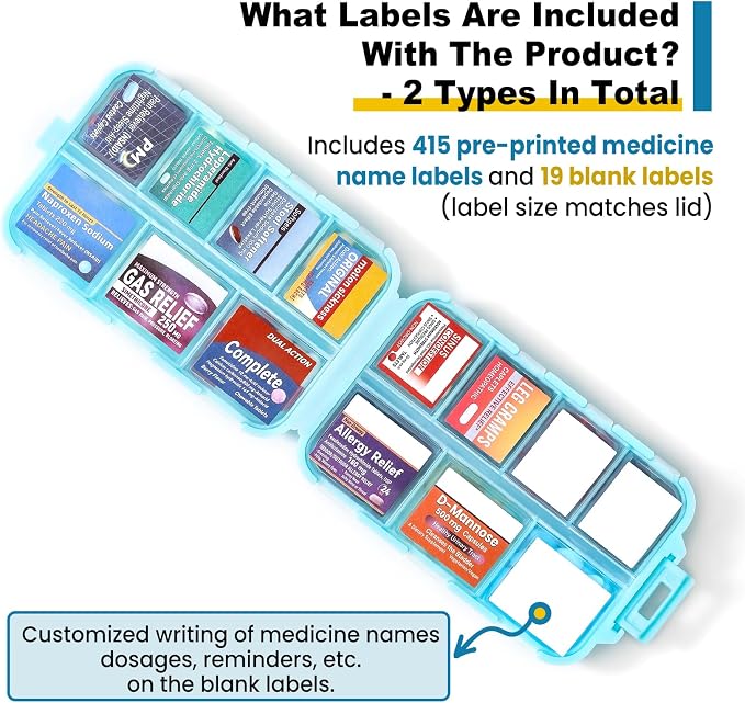 14 Grids Travel Pill Organizer Box with 415-Pcs Medicine Name Labels - Pocket Daily Pharmacy Case Container Kit - Travel Medication Holder Dispenser for Fish Oil Vitamin Supplement Storage - Sky Blue