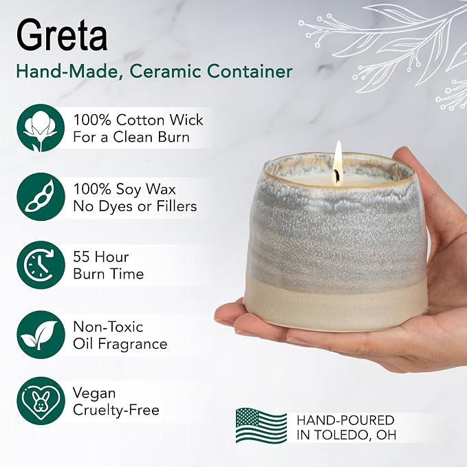 The Growing Candle, Unscented Fragrance Free Candles, 10oz Ceramic Pot, 100% Soy, Greta