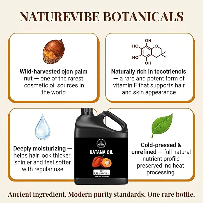 Naturevibe Botanicals Batana Oil 32 oz 100% Pure & Natural Oil for Hair, Skin & Scalp Care | Deep Moisturizing Body Oil | Ideal for Dry Hair, Massage & Daily Use (946 ml)