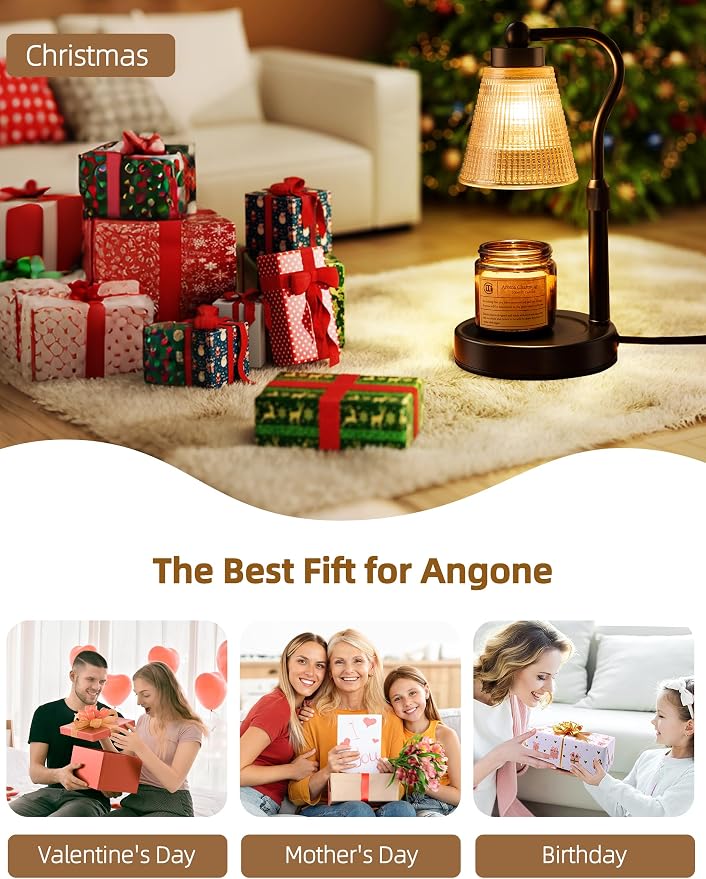 Candle Warmer Lamp for Jar Candles, Height Adjustable & Dimmable with 2/4/8H Timer, 2*50W Halogen Wax Melter Warmer for Home Office Décor, Flameless & Smokeless, Gift for Women Mom, Black-Amber/1 Pack