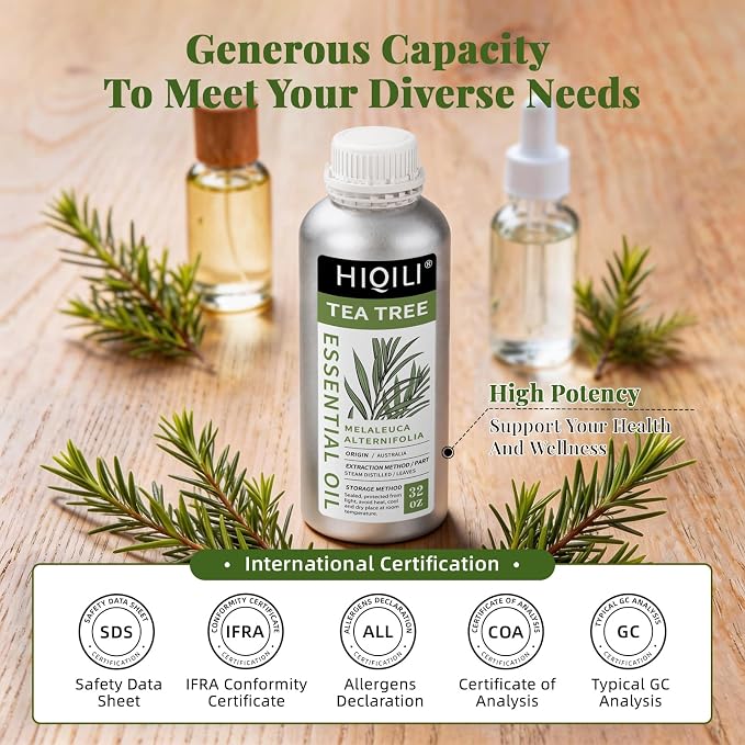 HIQILI Tea Tree Oil 32 Fl Oz, for Skin, Hair, Nail, Diffuser, Soap Making, Includes Four Portable Decanters