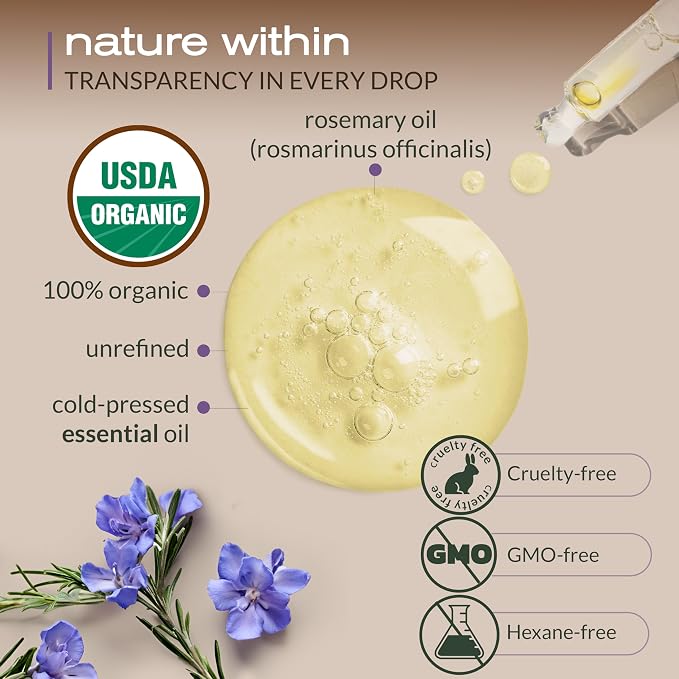 Ella & Eden Organic Rosemary Essential Oil - BIG 4 Fl Oz bottle, 100% Pure, Steam-Distilled, Hexane-Free - for Hair Growth, Skin, Aromatherapy - Glass Bottle